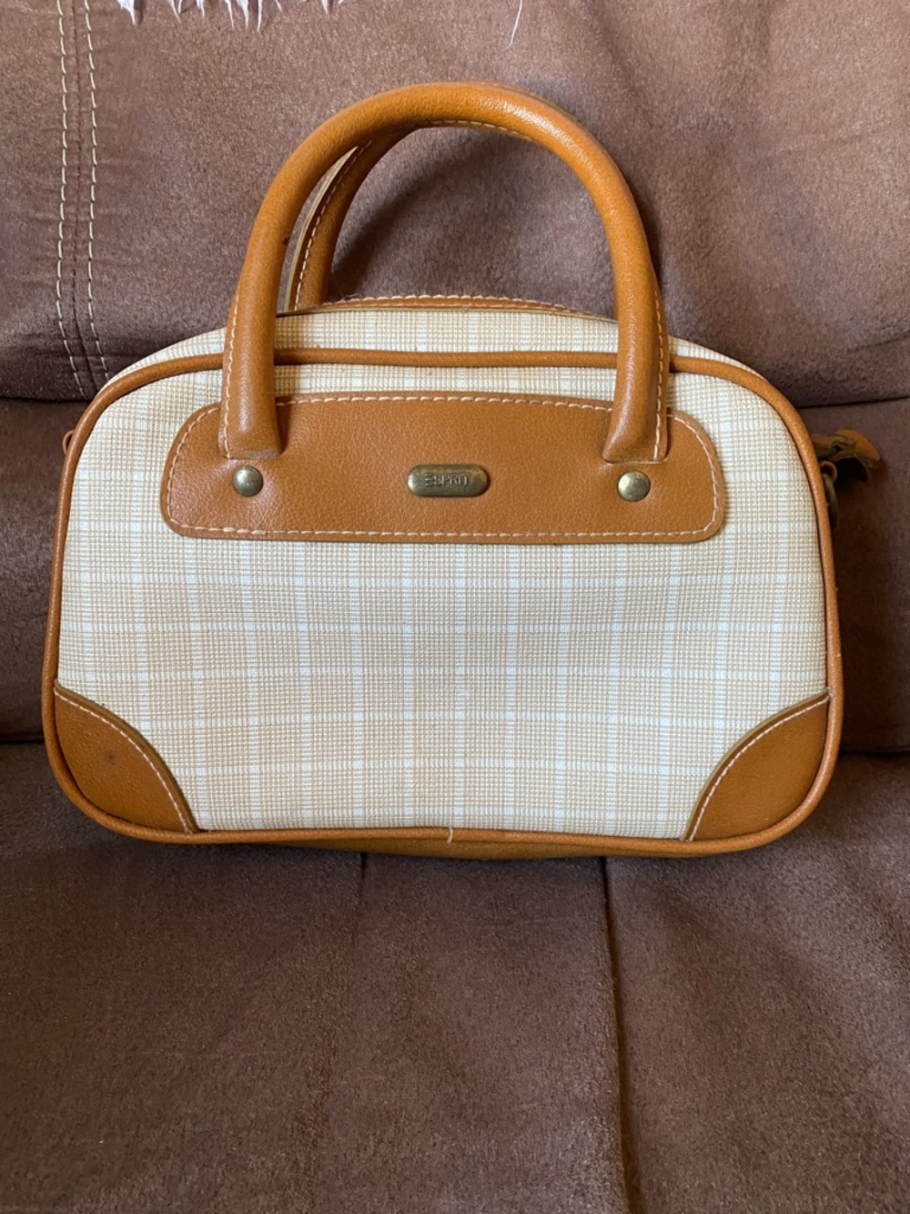 Esprit Cream Plaid Satchel with Tan Trim